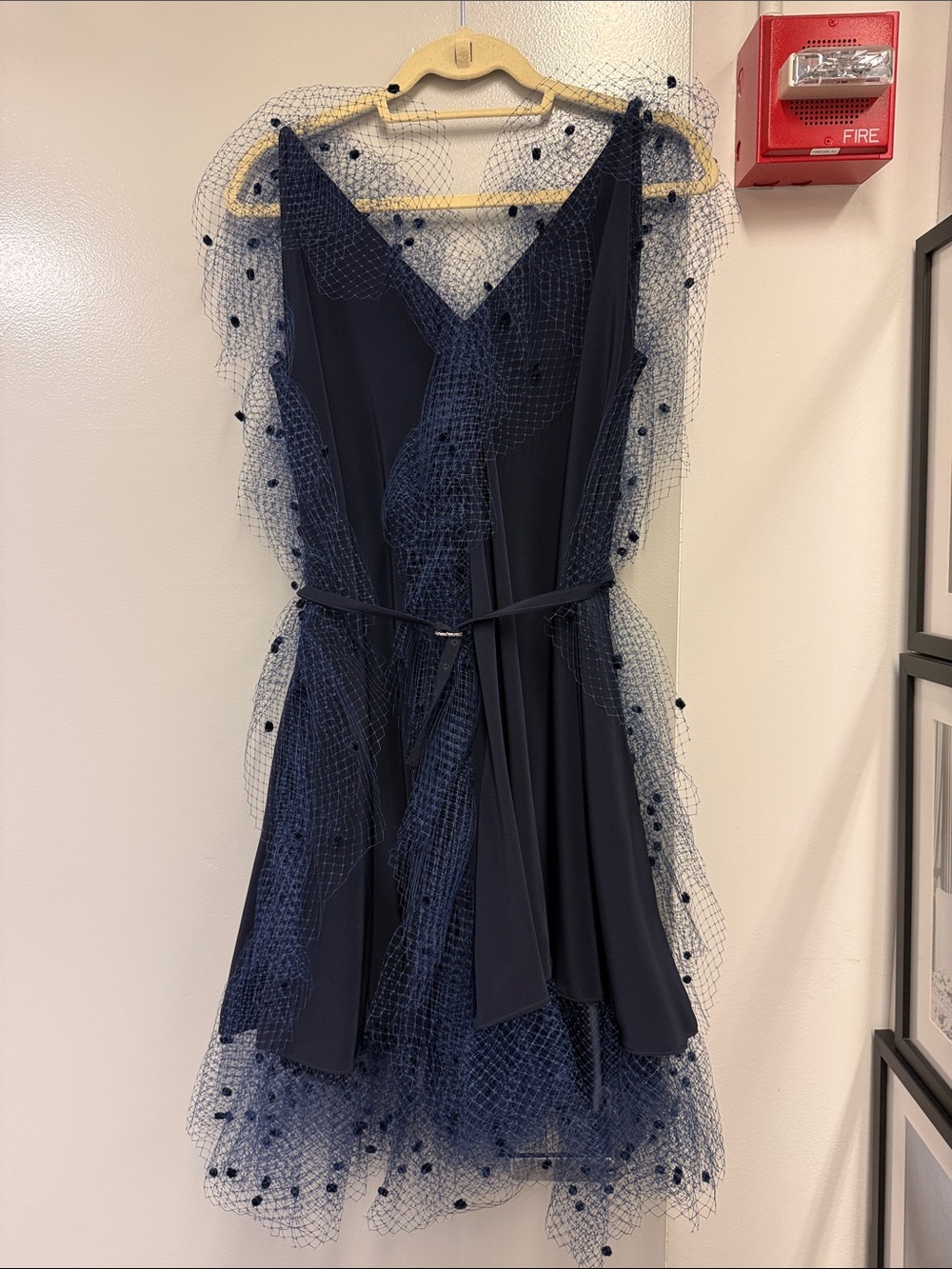 Alexis Mabille Navy V-Neck Midi Dress with Tulle Overlay